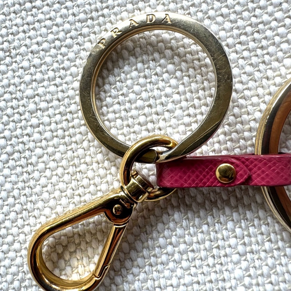 PRADA Pink Enamel Logo Keychain Bag Charm Gold Tone - Picture 4 of 5